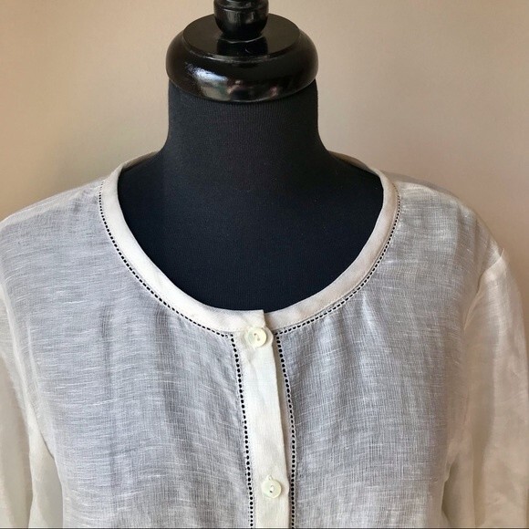 Linen Silk Tunic JONES NEW YORK White Cream Blouse Top Long Sleeve Button Up M - Picture 2 of 8